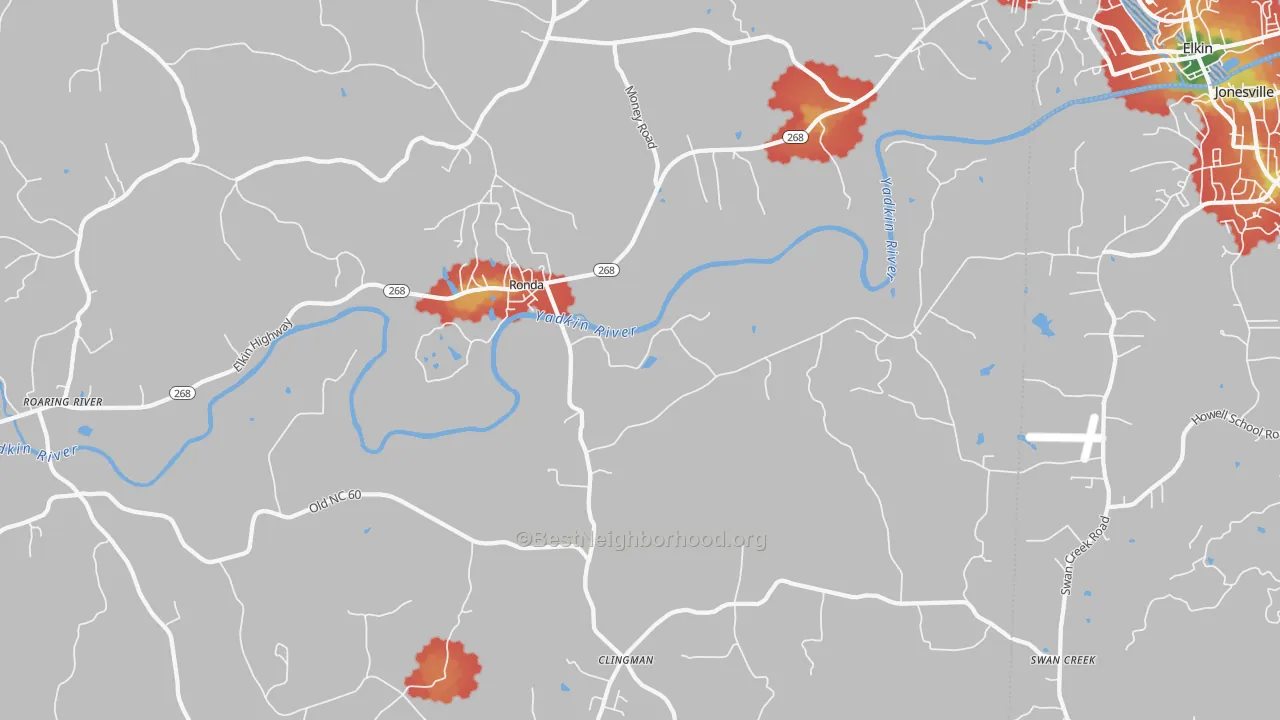 Walk Grade map of 28670, NC, walkable areas in green and car-dependent areas in red