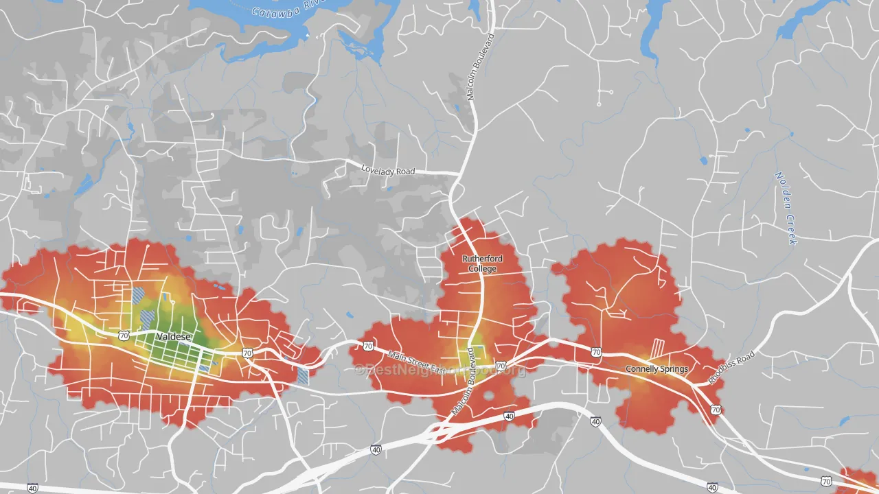Walk Grade map of 28671, NC, walkable areas in green and car-dependent areas in red