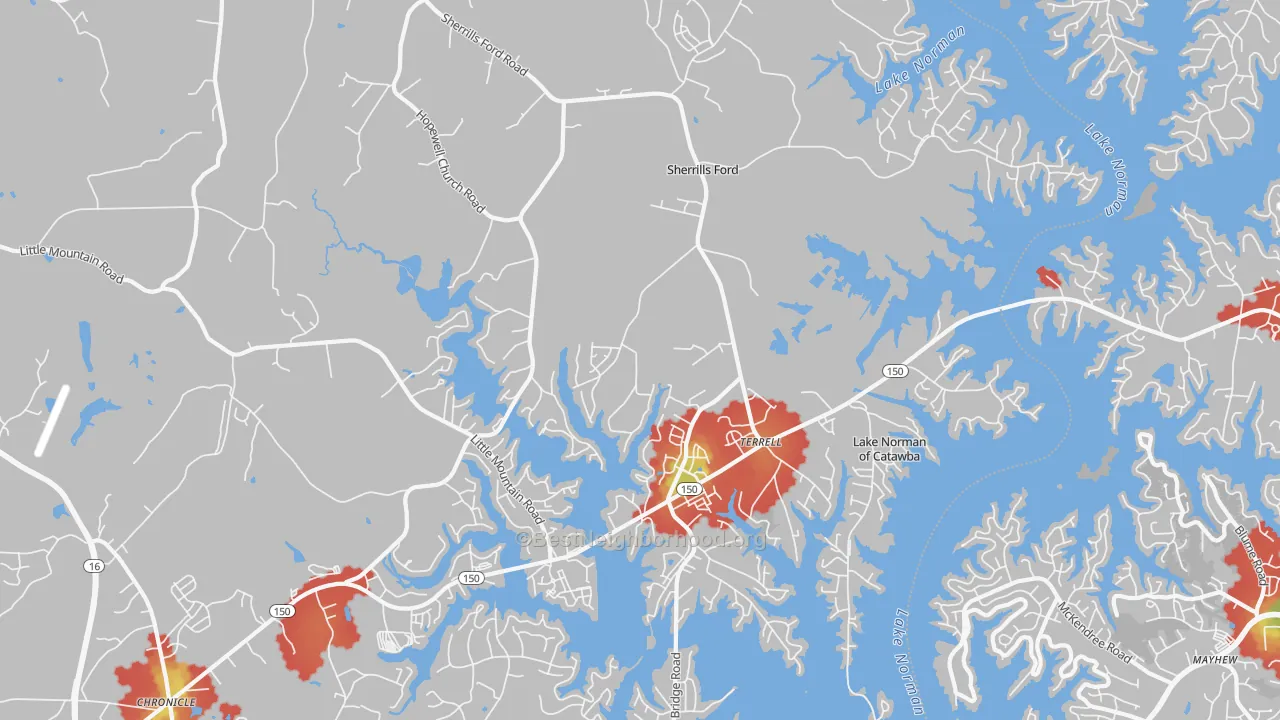Walk Grade map of 28673, NC, walkable areas in green and car-dependent areas in red
