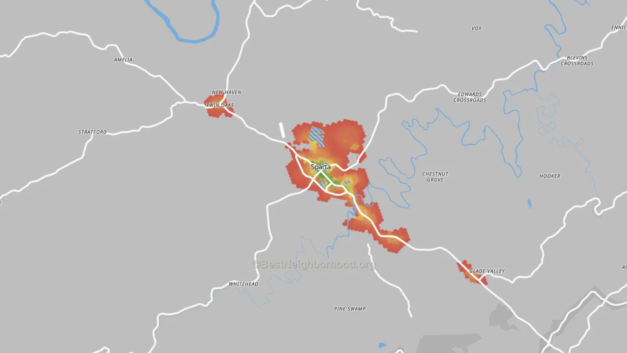 Walk Grade map of 28675, NC, walkable areas in green and car-dependent areas in red