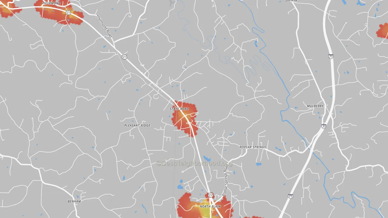 Walk Grade map of 28676, NC, walkable areas in green and car-dependent areas in red