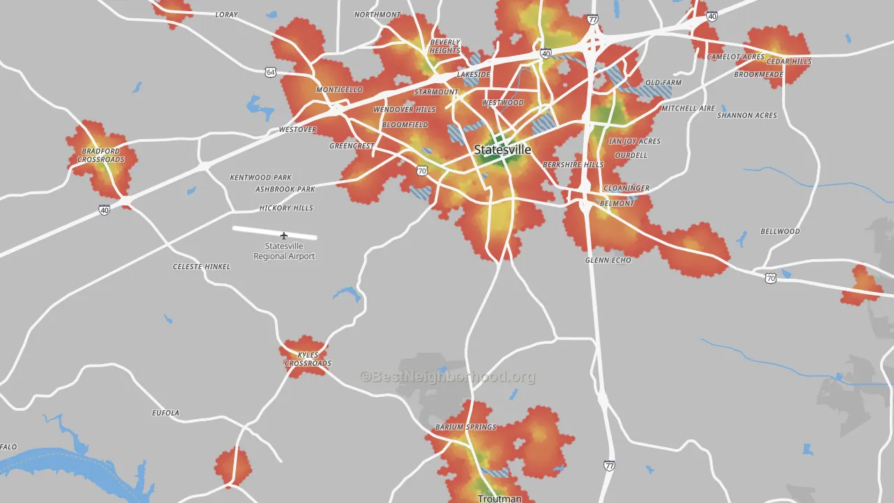 Walk Grade map of 28677, NC, walkable areas in green and car-dependent areas in red