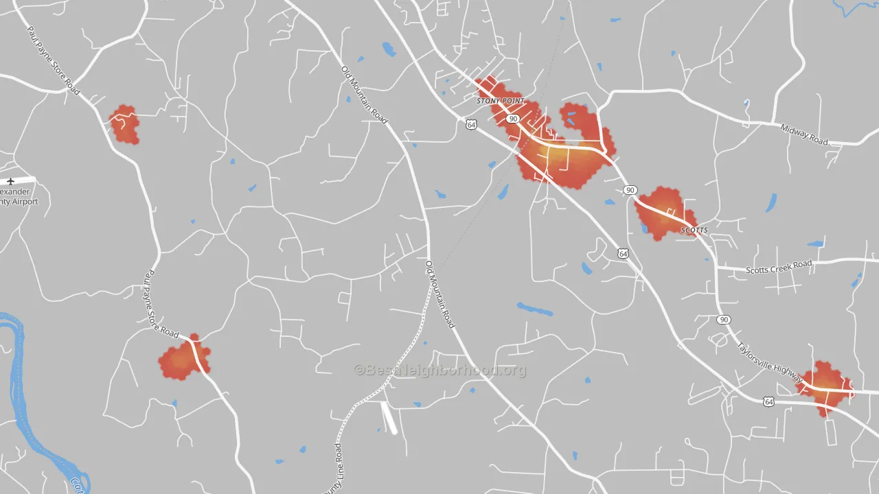 Walk Grade map of 28678, NC, walkable areas in green and car-dependent areas in red