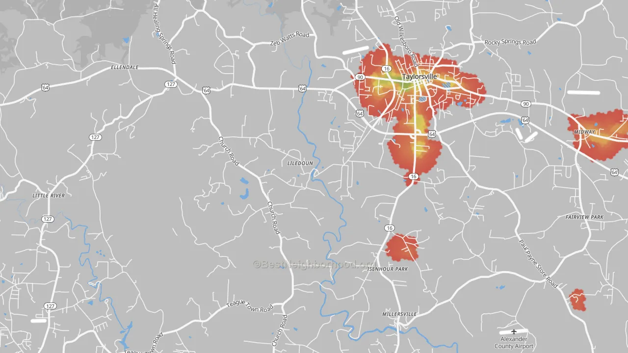 Walk Grade map of 28681, NC, walkable areas in green and car-dependent areas in red