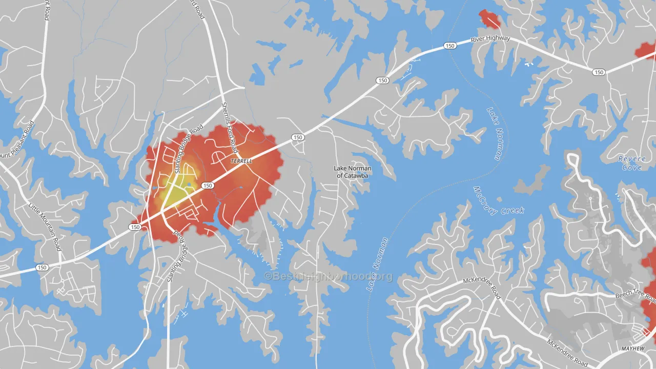 Walk Grade map of 28682, NC, walkable areas in green and car-dependent areas in red