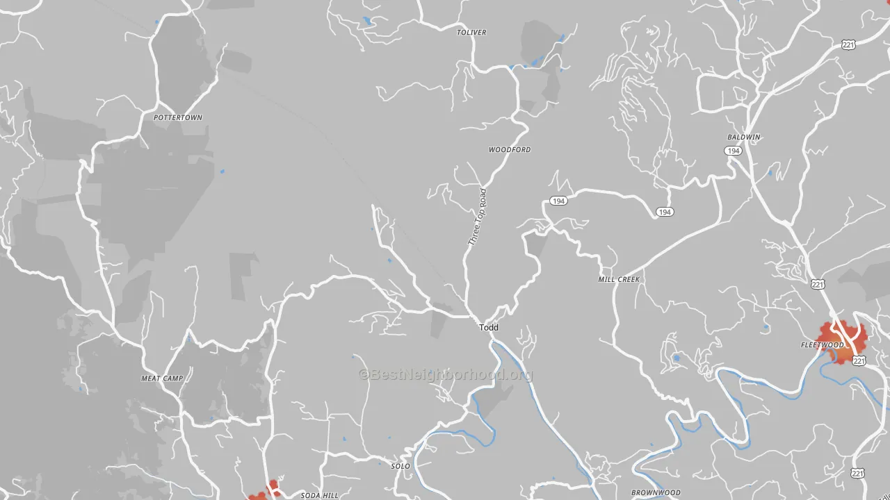 Walk Grade map of 28684, NC, walkable areas in green and car-dependent areas in red