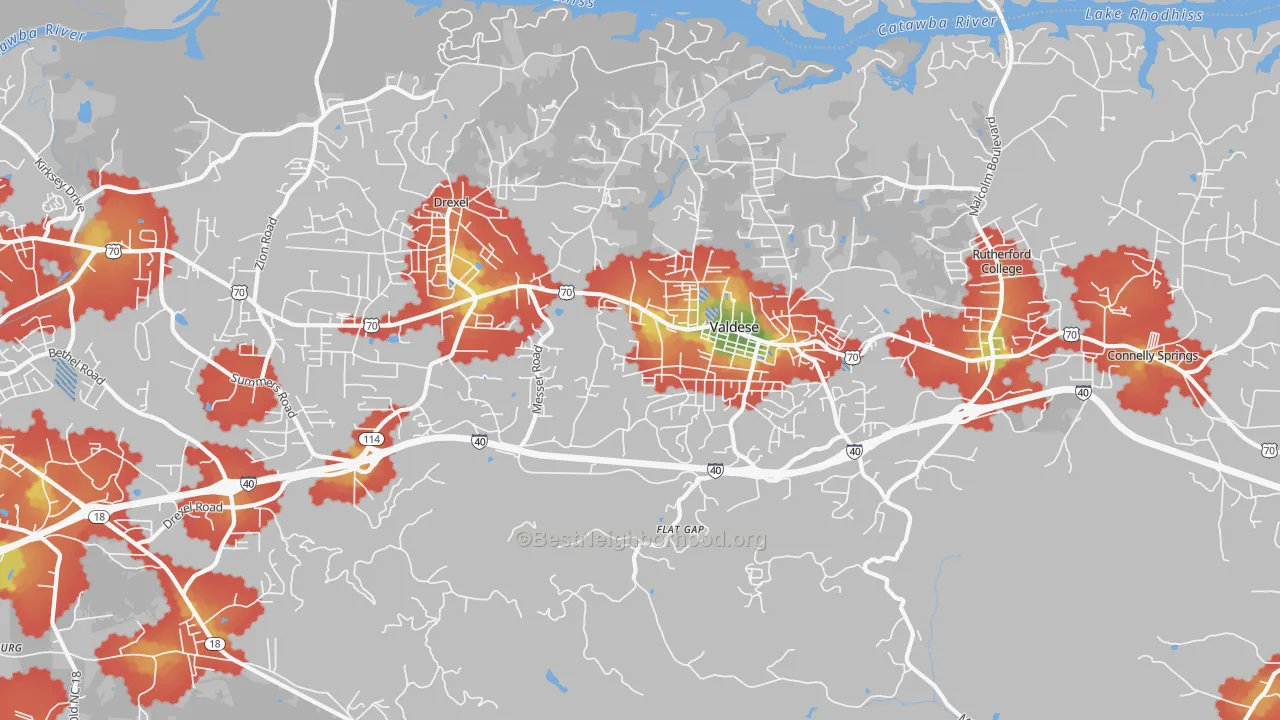 Walk Grade map of 28690, NC, walkable areas in green and car-dependent areas in red
