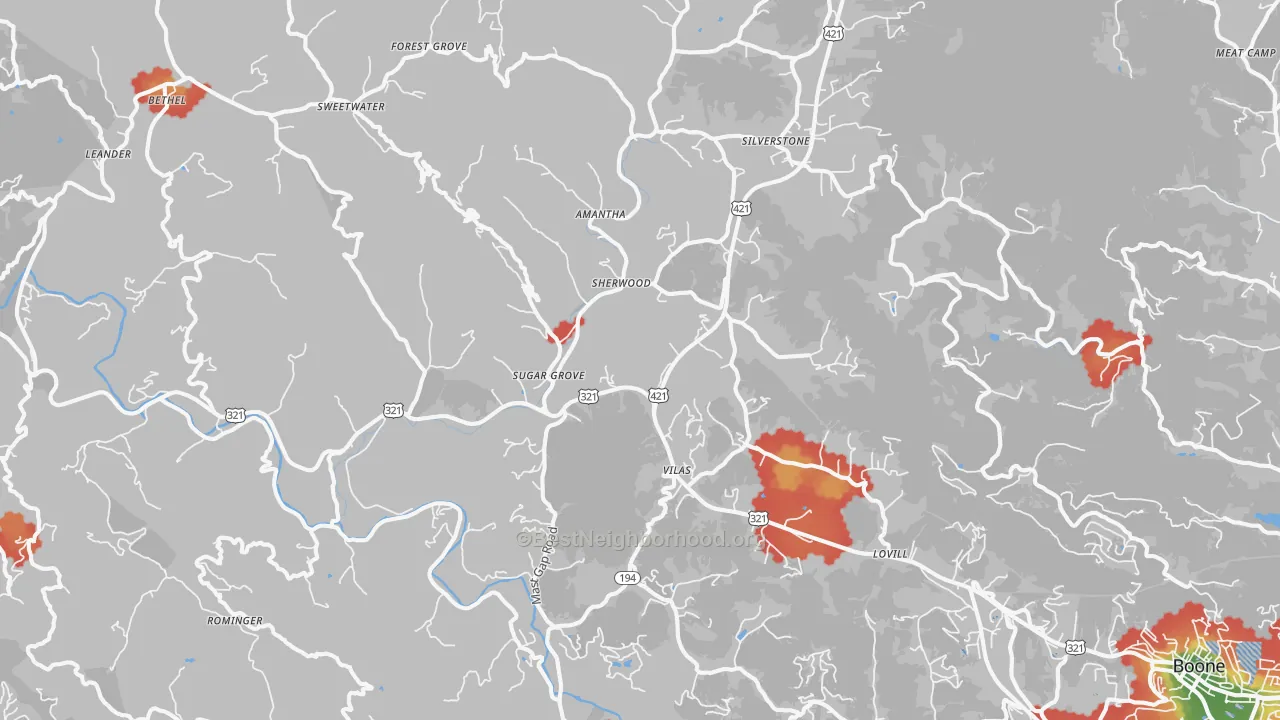 Walk Grade map of 28692, NC, walkable areas in green and car-dependent areas in red