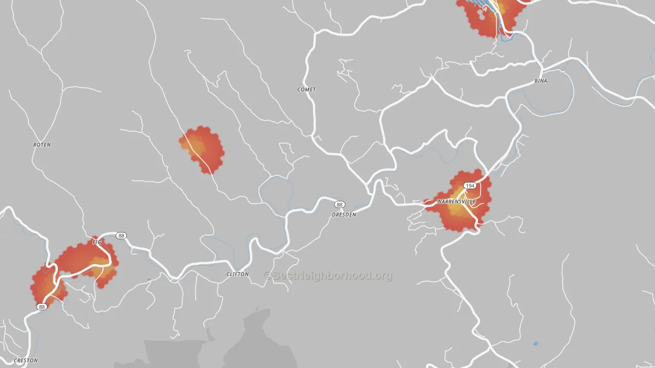 Walk Grade map of 28693, NC, walkable areas in green and car-dependent areas in red