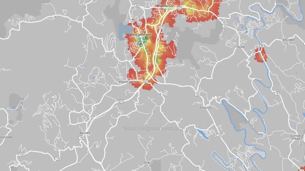 Walk Grade map of 28694, NC, walkable areas in green and car-dependent areas in red
