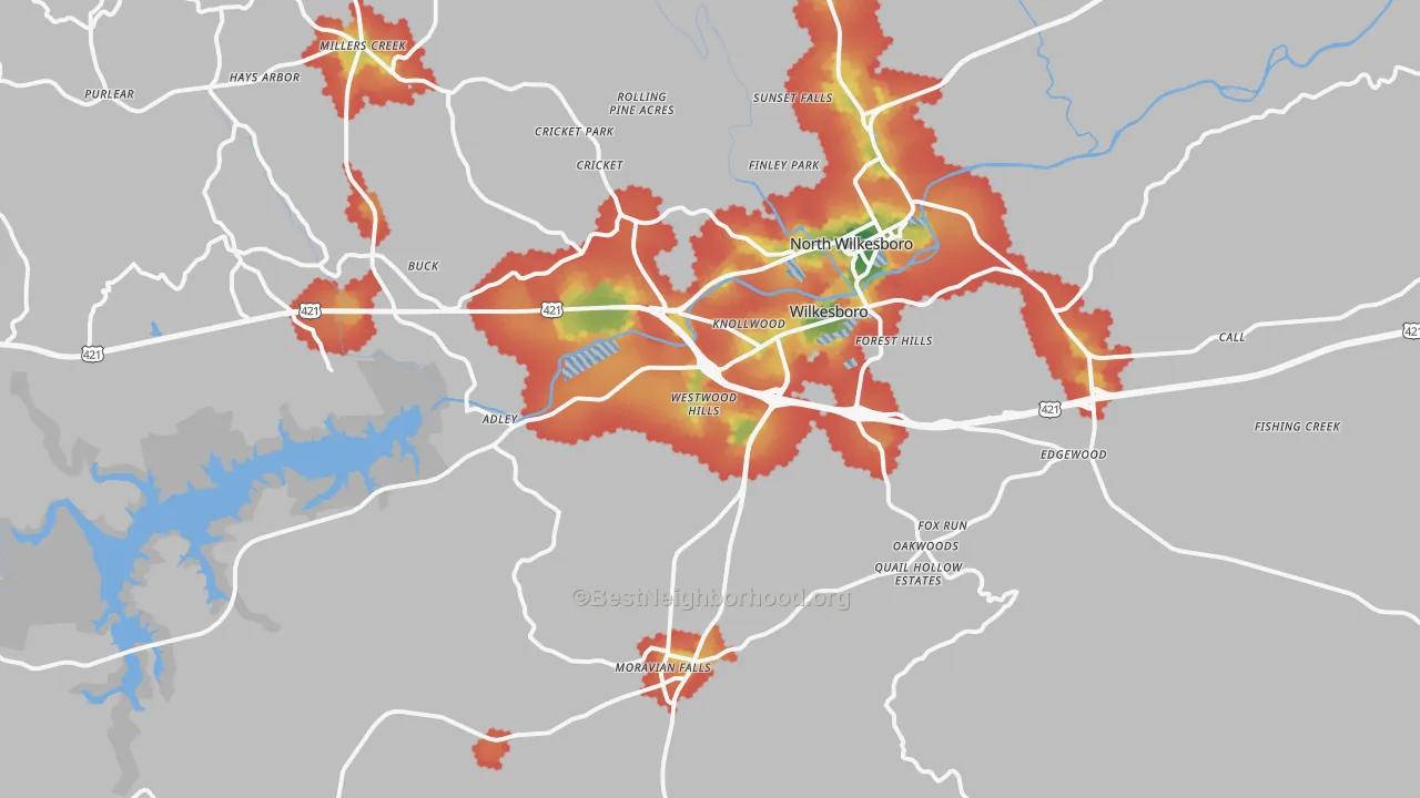 Walk Grade map of 28697, NC, walkable areas in green and car-dependent areas in red