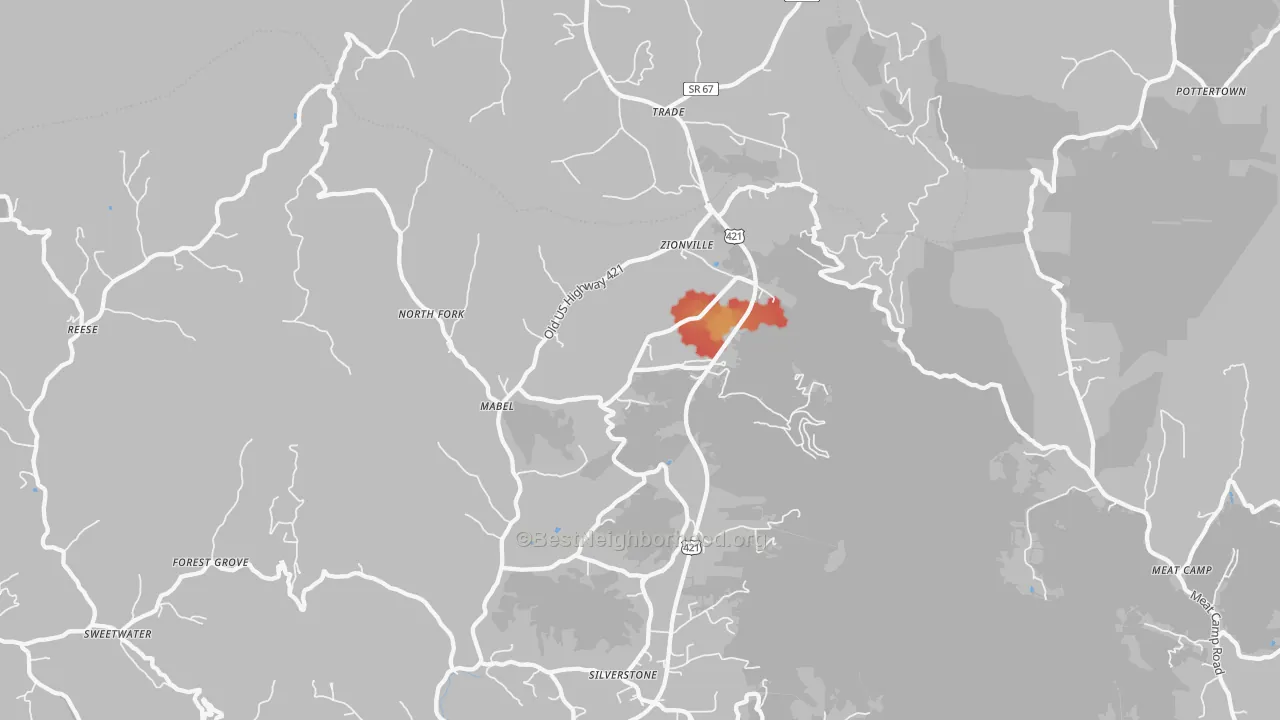 Walk Grade map of 28698, NC, walkable areas in green and car-dependent areas in red