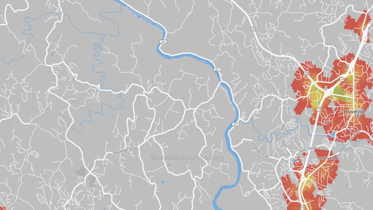 Walk Grade map of 28701, NC, walkable areas in green and car-dependent areas in red