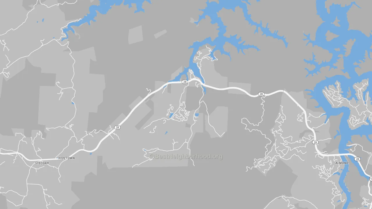 Walk Grade map of 28702, NC, walkable areas in green and car-dependent areas in red