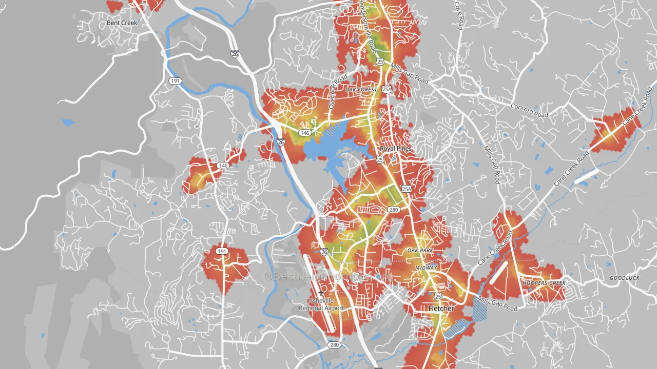 Walk Grade map of 28704, NC, walkable areas in green and car-dependent areas in red