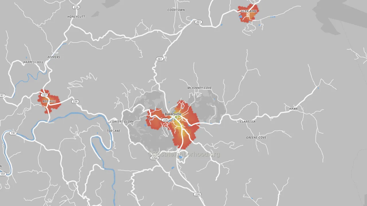 Walk Grade map of 28705, NC, walkable areas in green and car-dependent areas in red