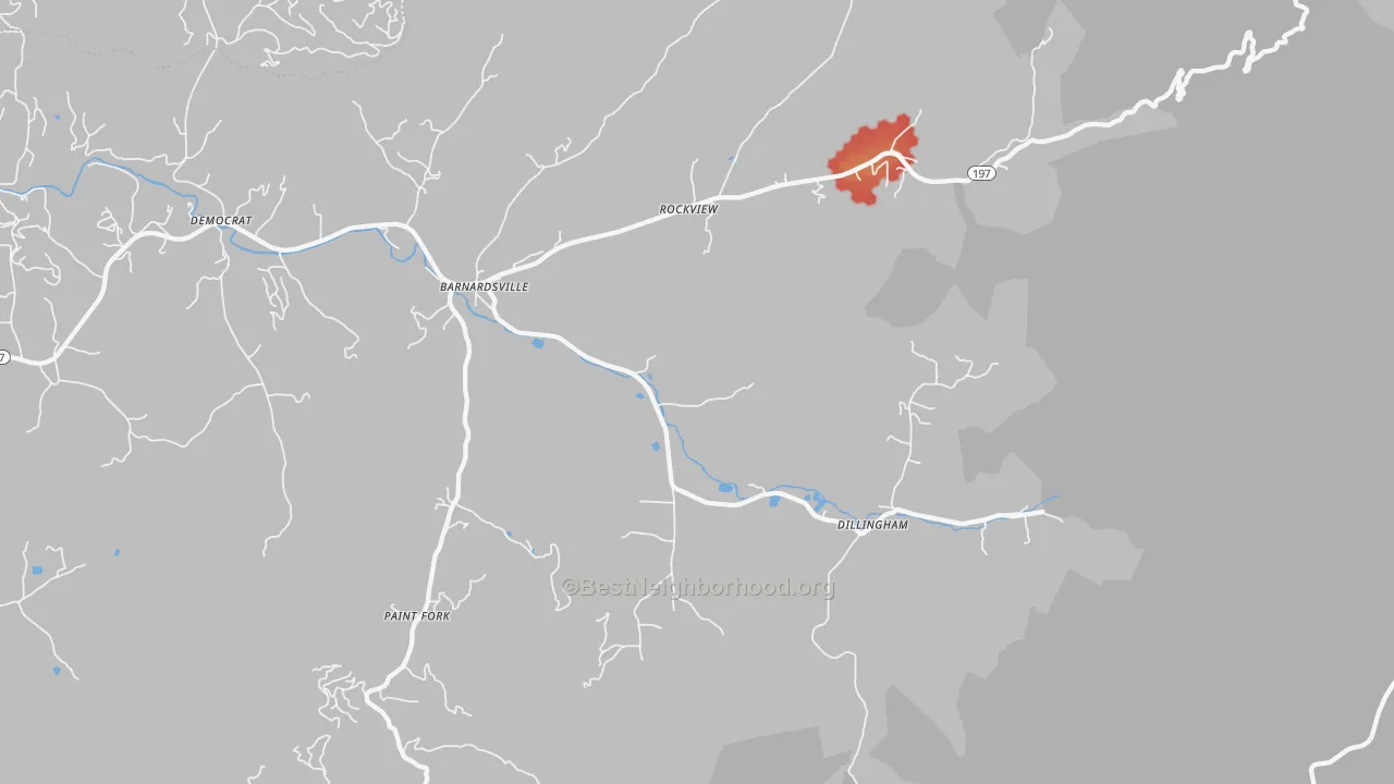 Walk Grade map of 28709, NC, walkable areas in green and car-dependent areas in red