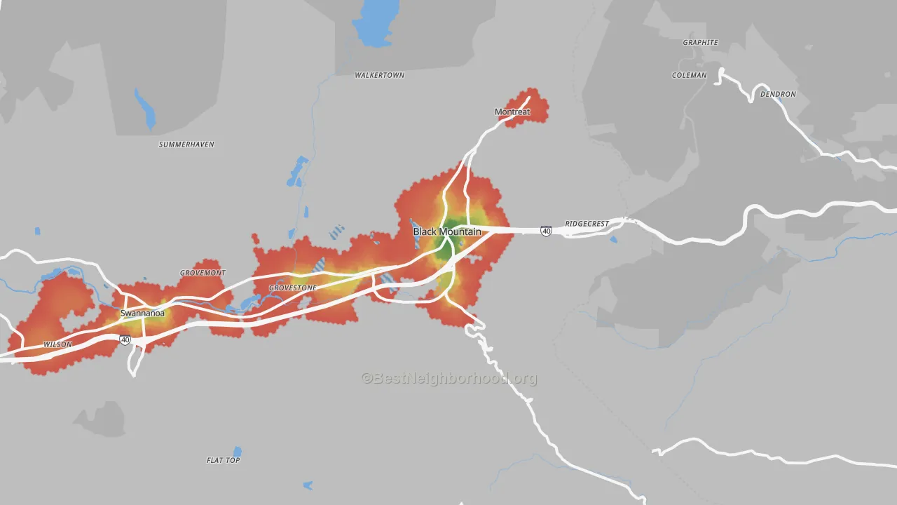 Walk Grade map of 28711, NC, walkable areas in green and car-dependent areas in red