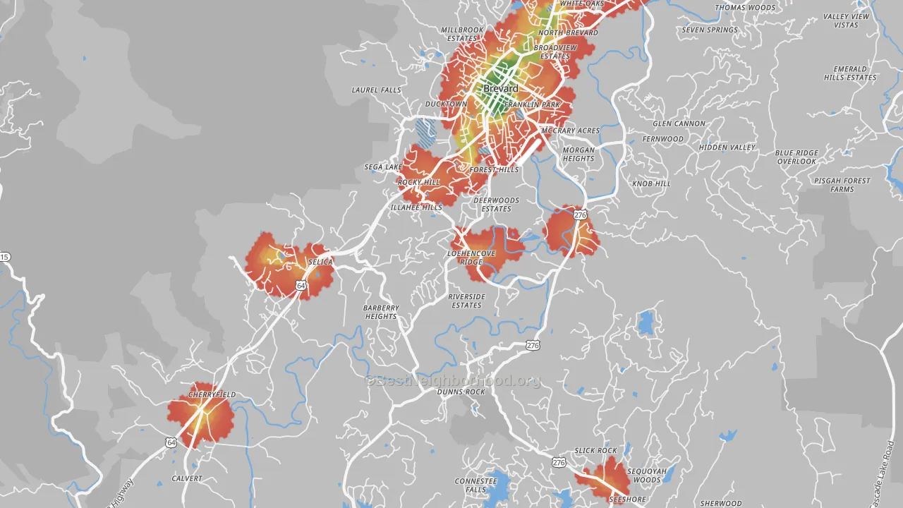 Walk Grade map of 28712, NC, walkable areas in green and car-dependent areas in red