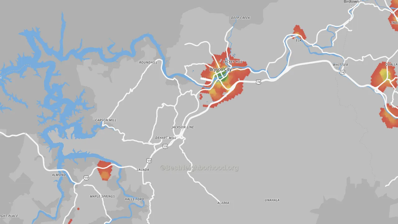 Walk Grade map of 28713, NC, walkable areas in green and car-dependent areas in red
