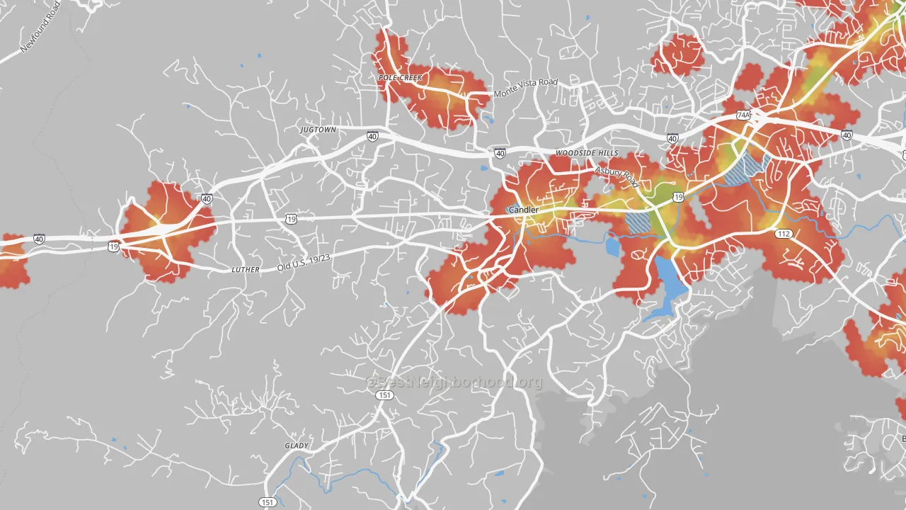 Walk Grade map of 28715, NC, walkable areas in green and car-dependent areas in red