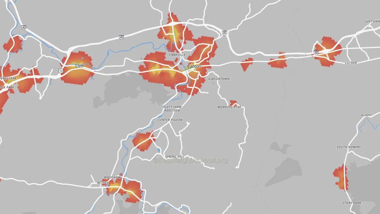 Walk Grade map of 28716, NC, walkable areas in green and car-dependent areas in red