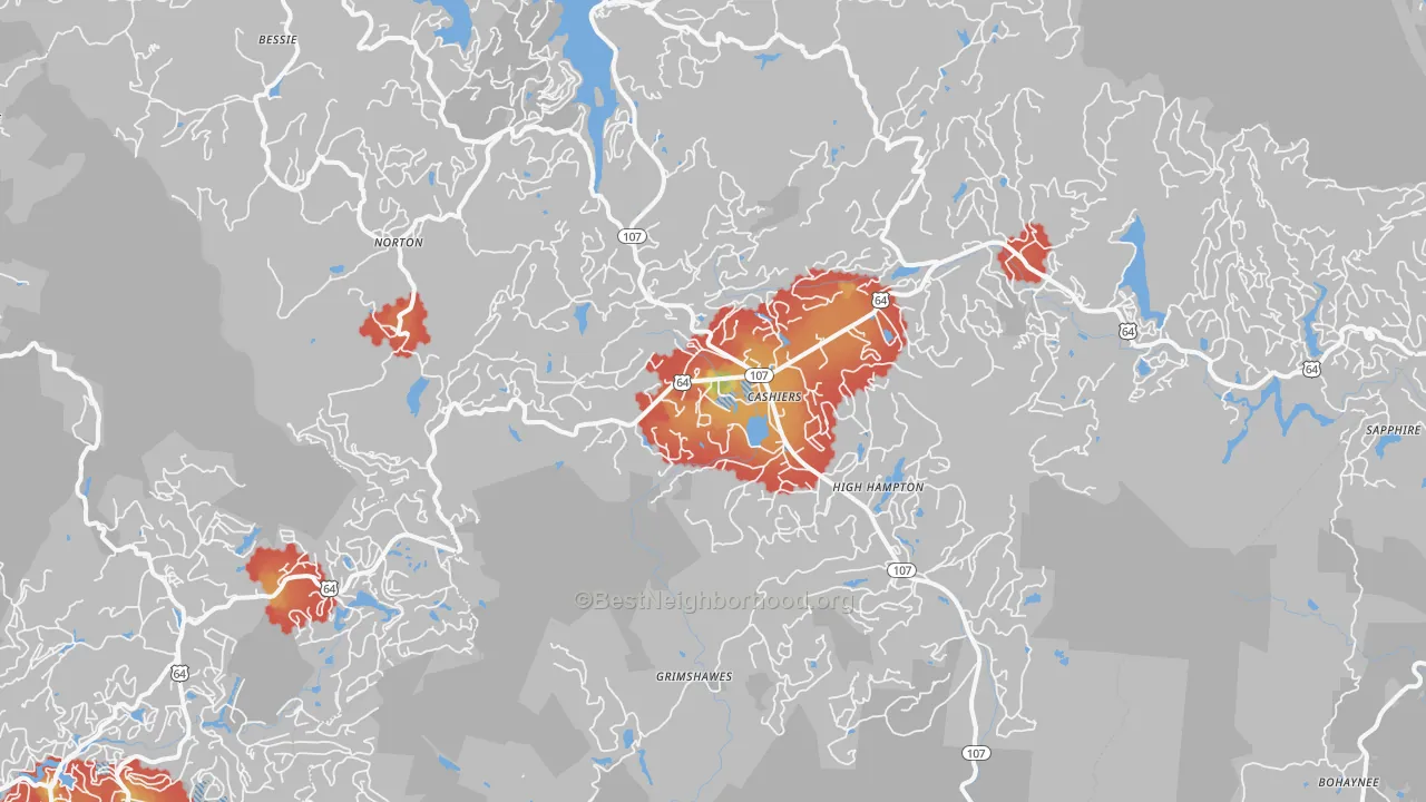 Walk Grade map of 28717, NC, walkable areas in green and car-dependent areas in red