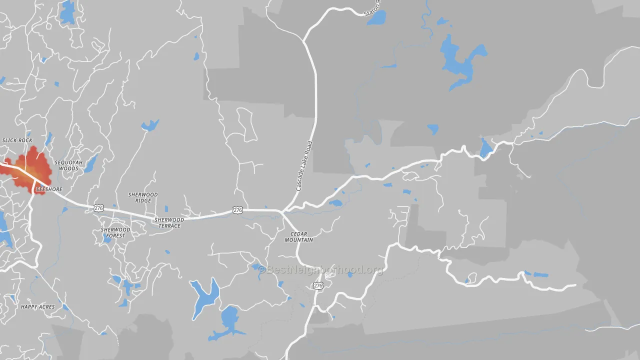Walk Grade map of 28718, NC, walkable areas in green and car-dependent areas in red