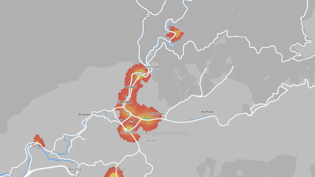Walk Grade map of 28719, NC, walkable areas in green and car-dependent areas in red
