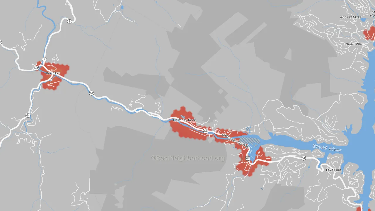 Walk Grade map of 28720, NC, walkable areas in green and car-dependent areas in red