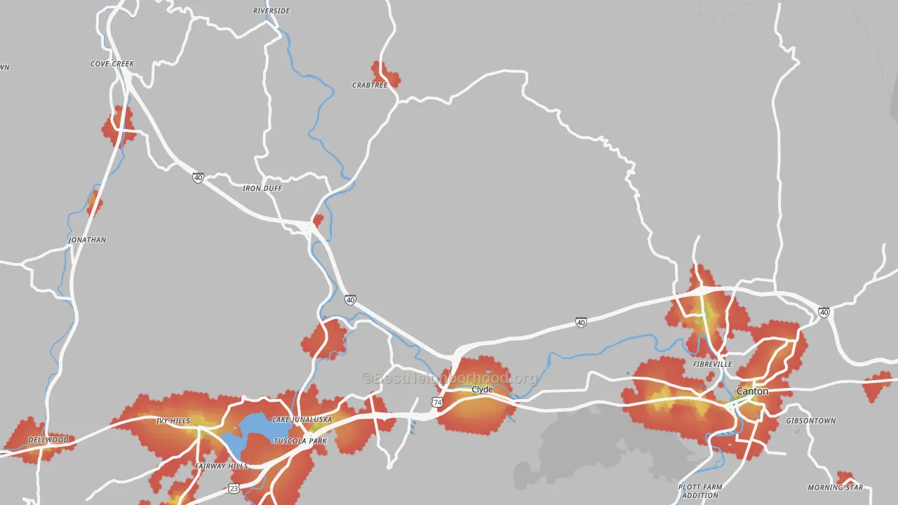 Walk Grade map of 28721, NC, walkable areas in green and car-dependent areas in red