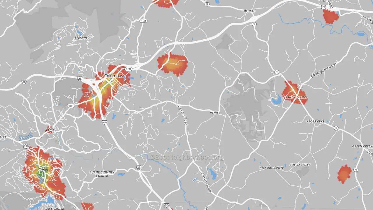 Walk Grade map of 28722, NC, walkable areas in green and car-dependent areas in red