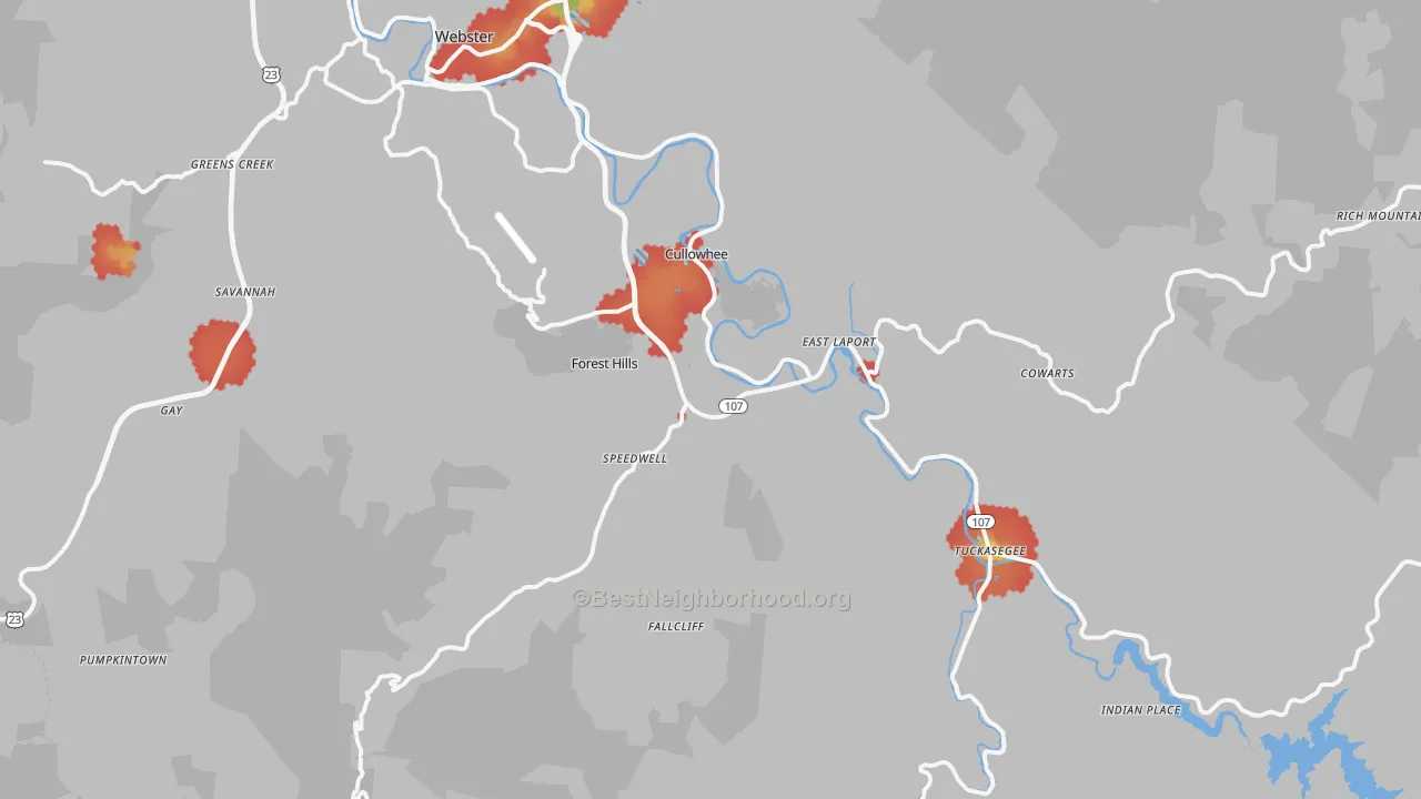 Walk Grade map of 28723, NC, walkable areas in green and car-dependent areas in red