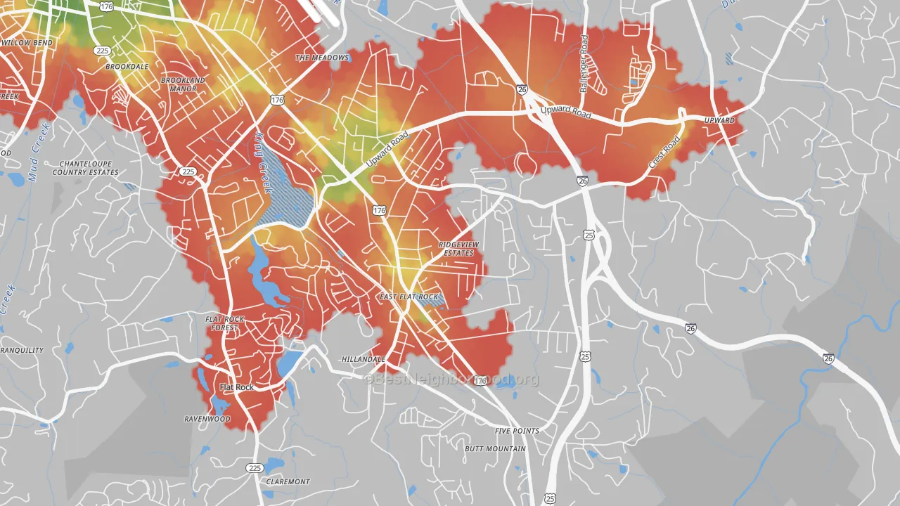Walk Grade map of 28726, NC, walkable areas in green and car-dependent areas in red