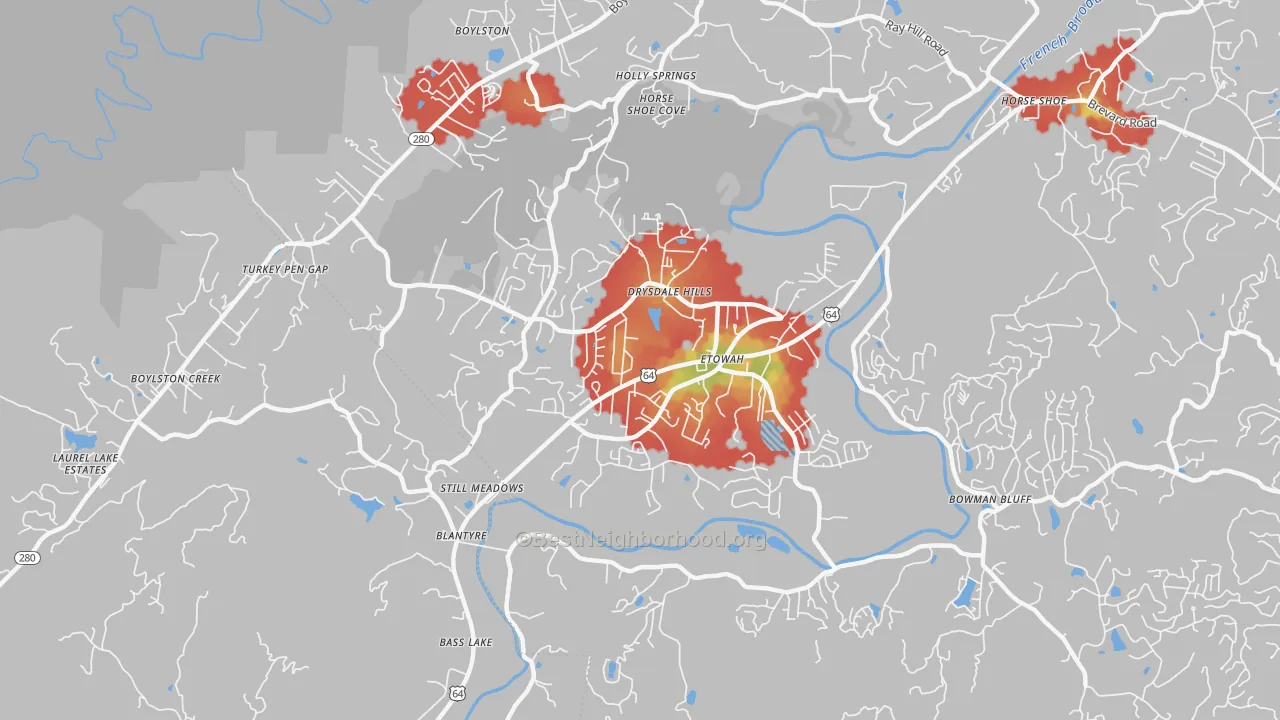 Walk Grade map of 28729, NC, walkable areas in green and car-dependent areas in red