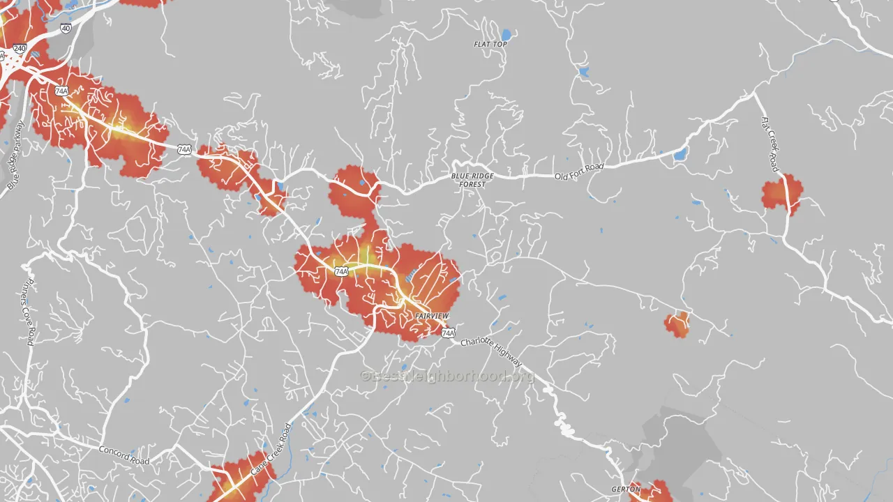 Walk Grade map of 28730, NC, walkable areas in green and car-dependent areas in red