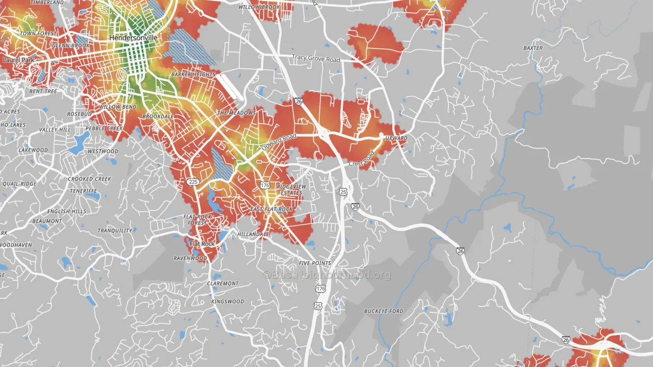 Walk Grade map of 28731, NC, walkable areas in green and car-dependent areas in red