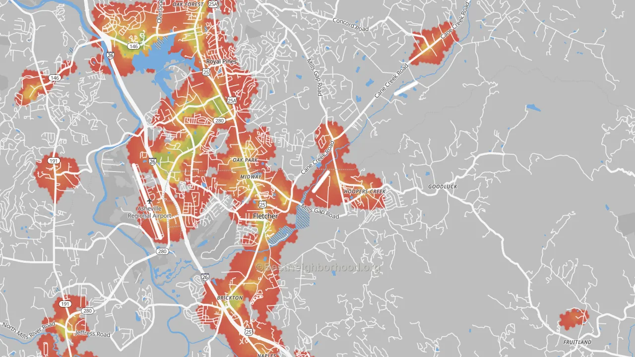 Walk Grade map of 28732, NC, walkable areas in green and car-dependent areas in red