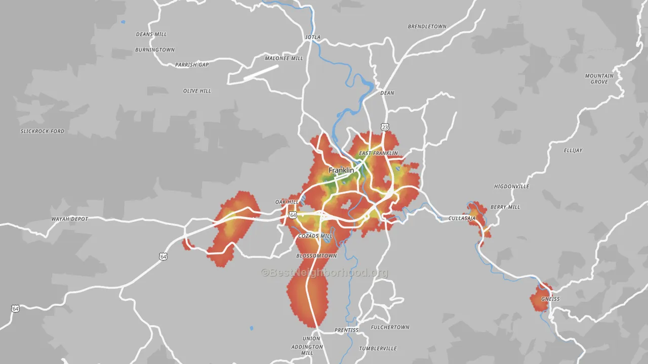 Walk Grade map of 28734, NC, walkable areas in green and car-dependent areas in red