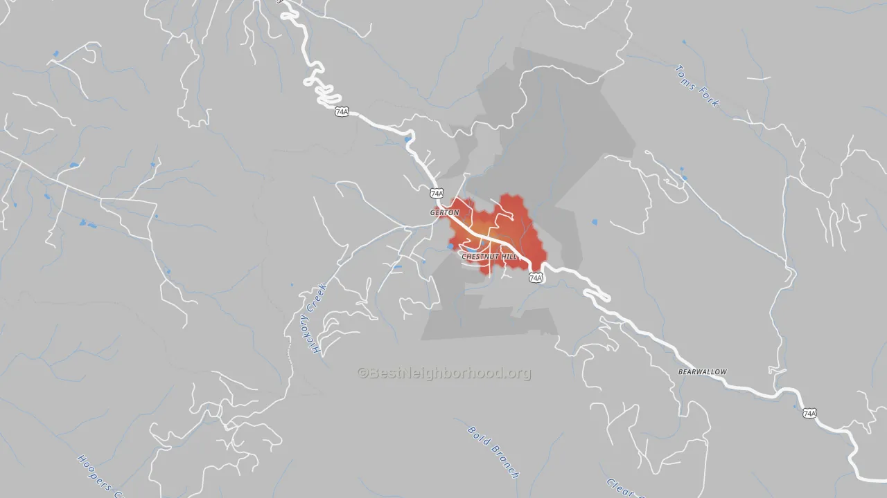 Walk Grade map of 28735, NC, walkable areas in green and car-dependent areas in red