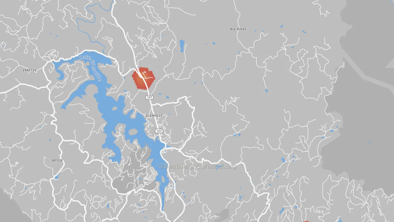 Walk Grade map of 28736, NC, walkable areas in green and car-dependent areas in red