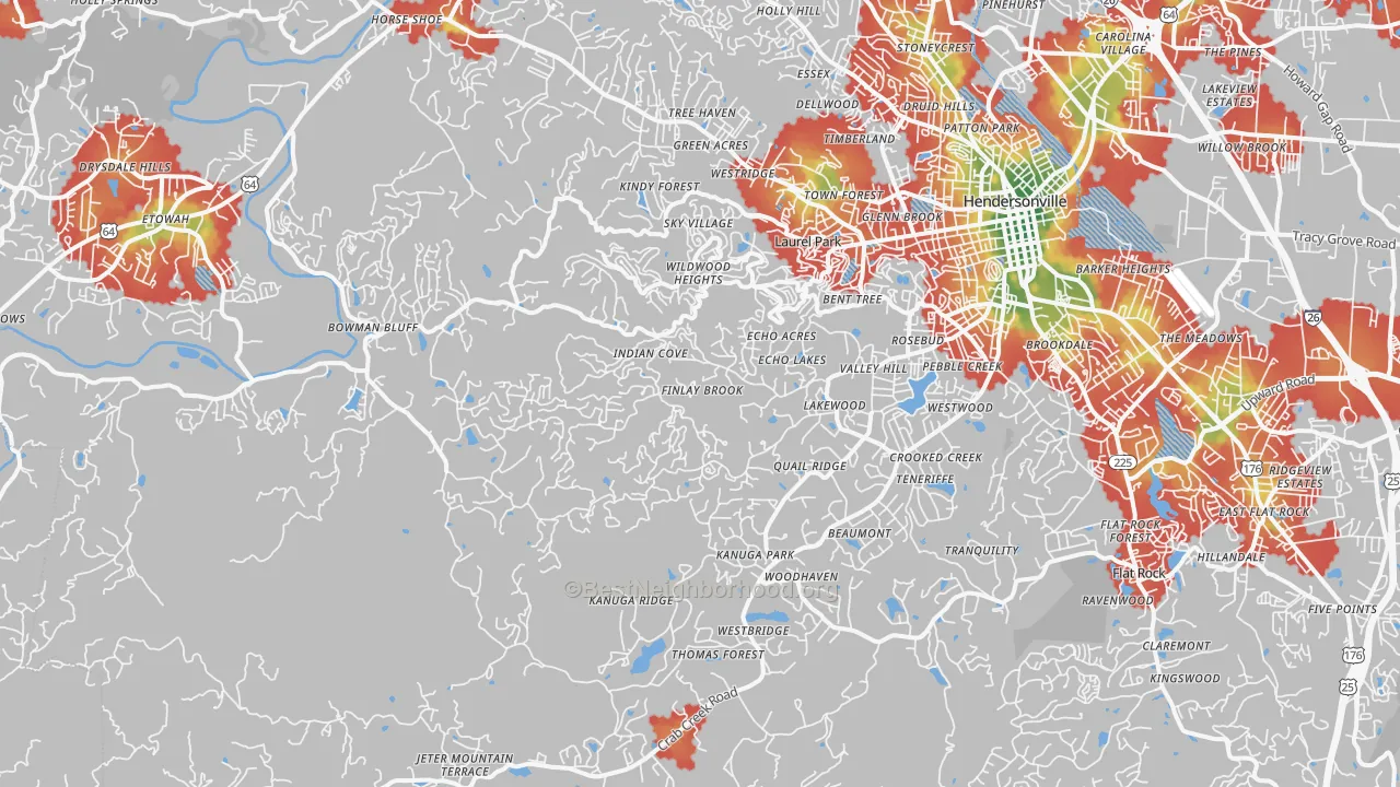 Walk Grade map of 28739, NC, walkable areas in green and car-dependent areas in red