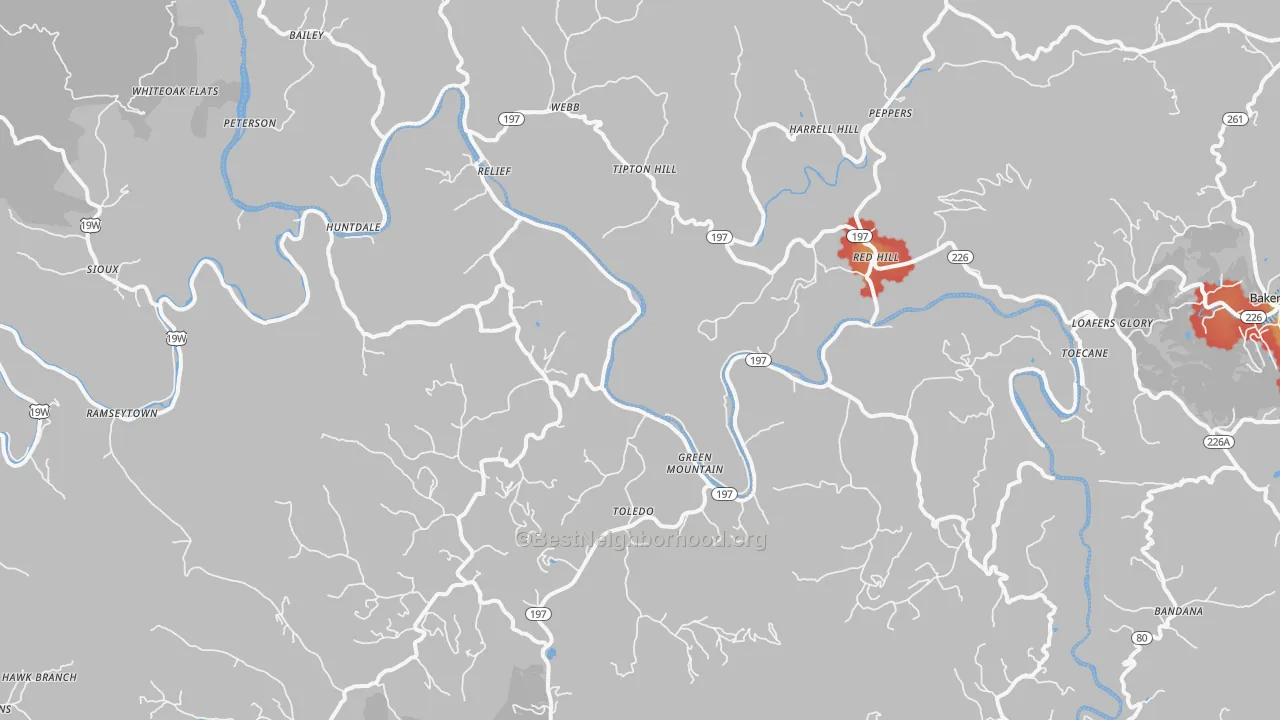 Walk Grade map of 28740, NC, walkable areas in green and car-dependent areas in red
