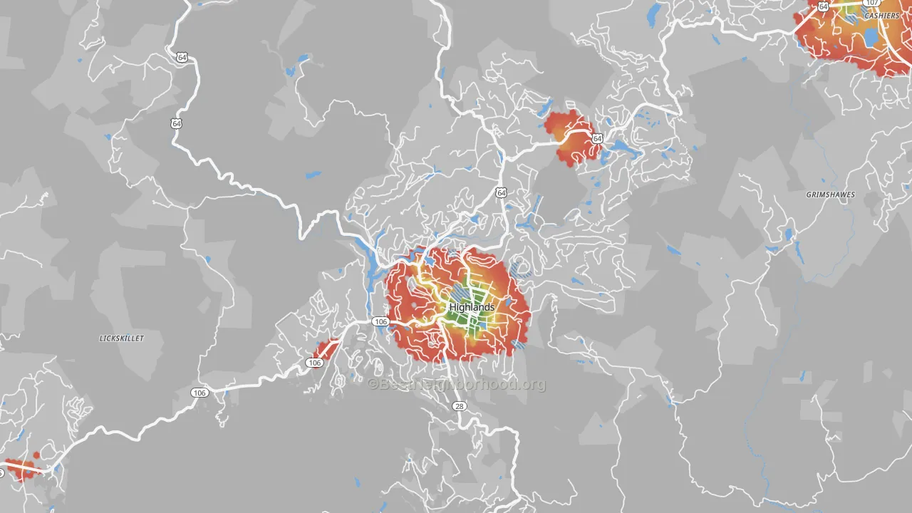 Walk Grade map of 28741, NC, walkable areas in green and car-dependent areas in red
