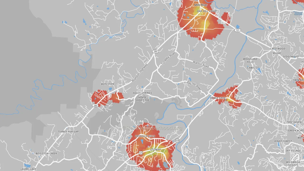 Walk Grade map of 28742, NC, walkable areas in green and car-dependent areas in red