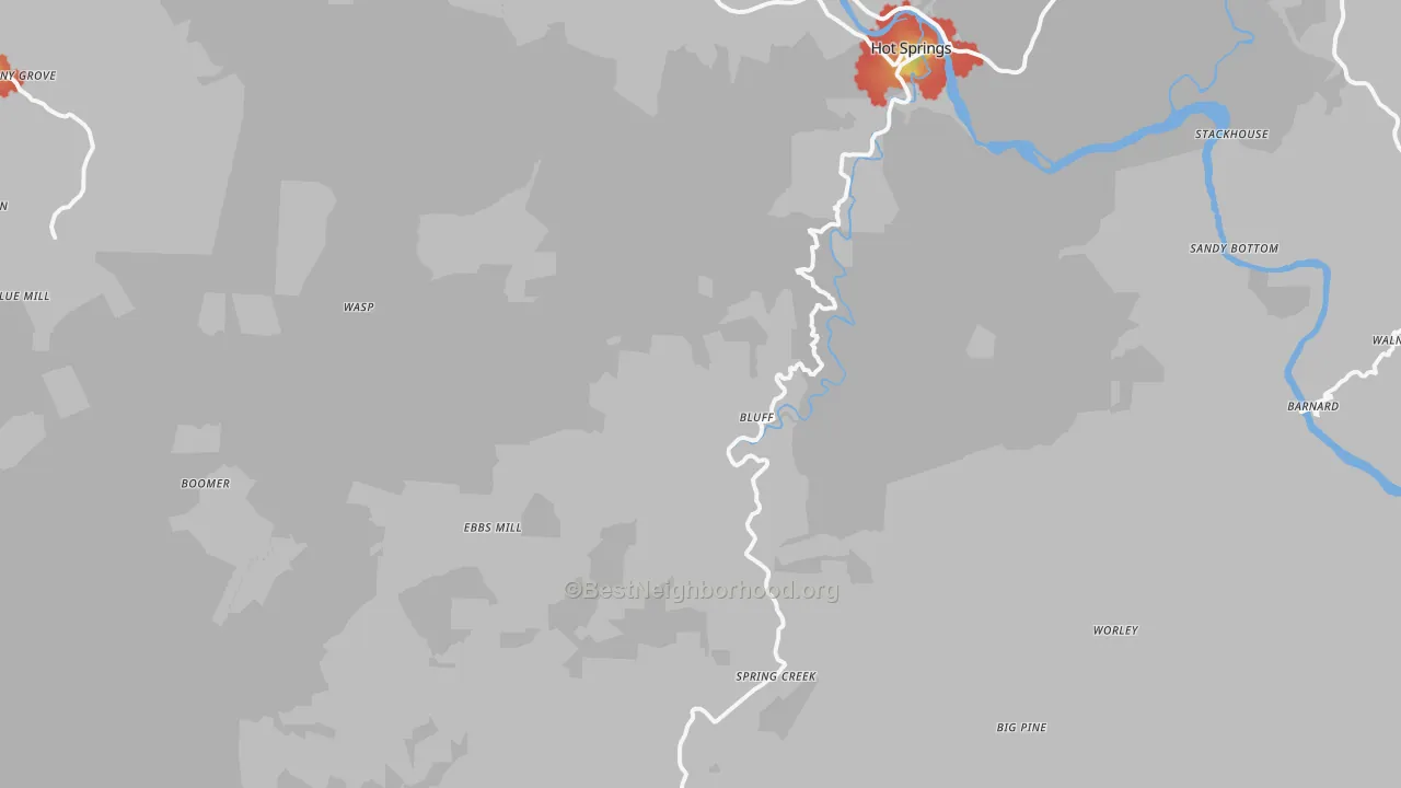 Walk Grade map of 28743, NC, walkable areas in green and car-dependent areas in red