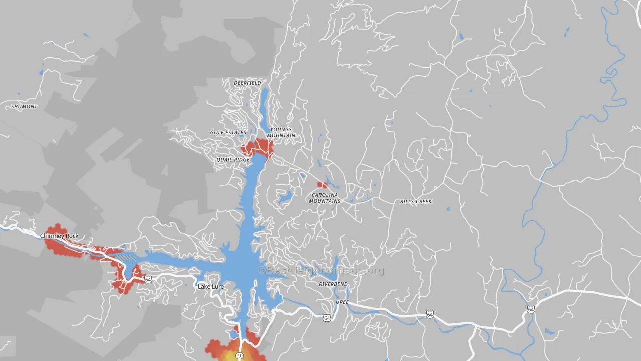 Walk Grade map of 28746, NC, walkable areas in green and car-dependent areas in red
