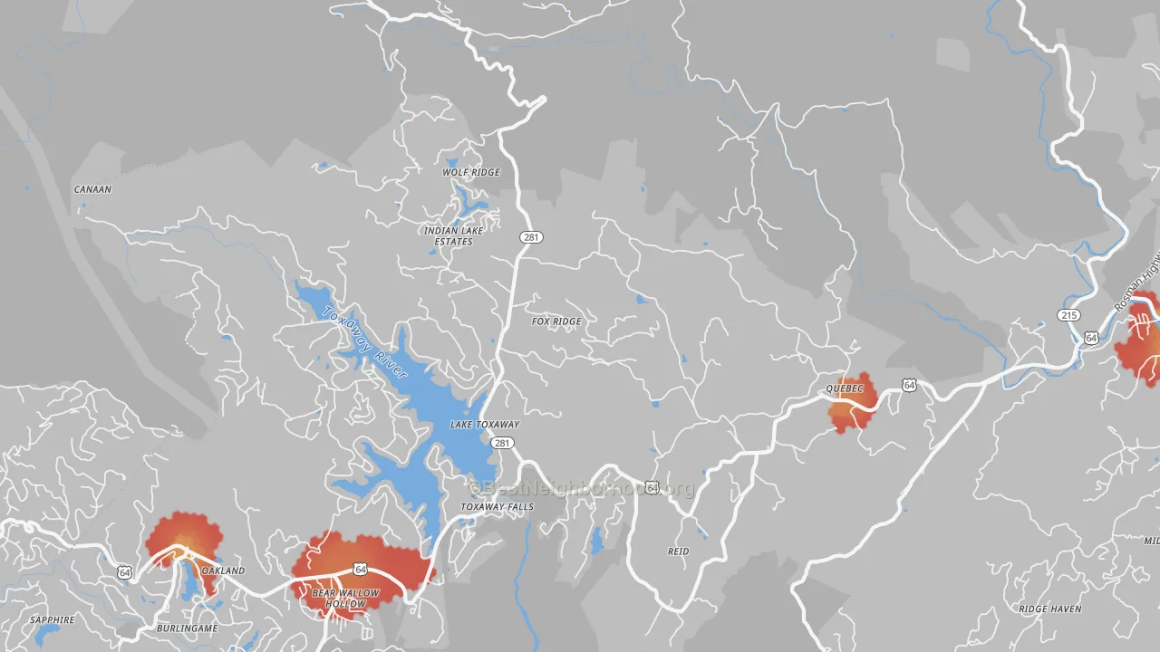 Walk Grade map of 28747, NC, walkable areas in green and car-dependent areas in red