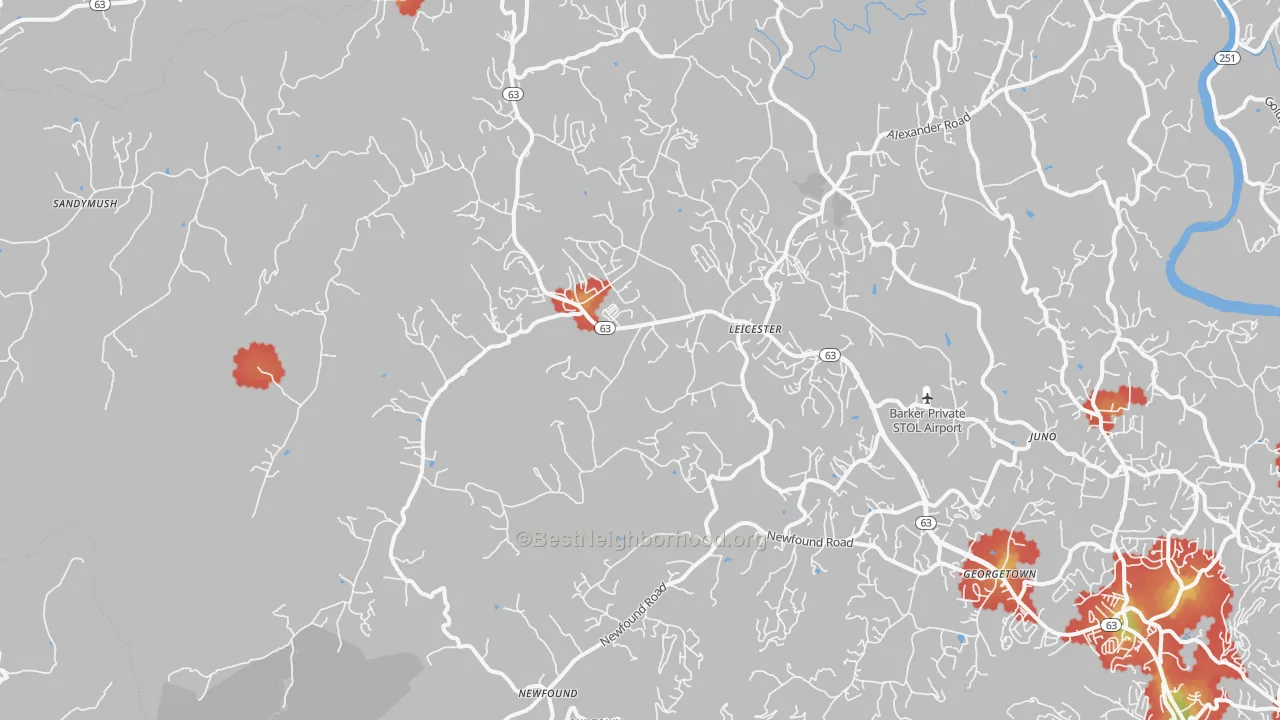 Walk Grade map of 28748, NC, walkable areas in green and car-dependent areas in red