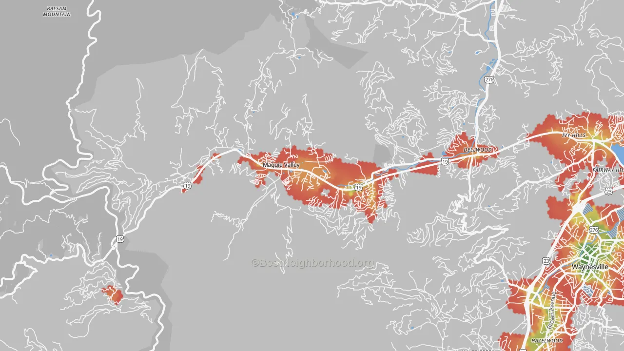 Walk Grade map of 28751, NC, walkable areas in green and car-dependent areas in red